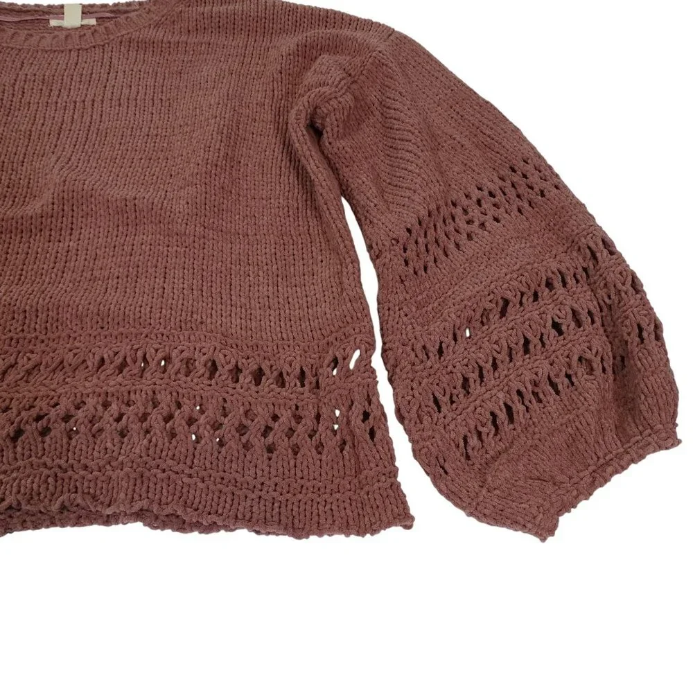 Cupio Mauve Pink Knit Sweater Womens Size XL Balloon Sleeve Open Knit Detail